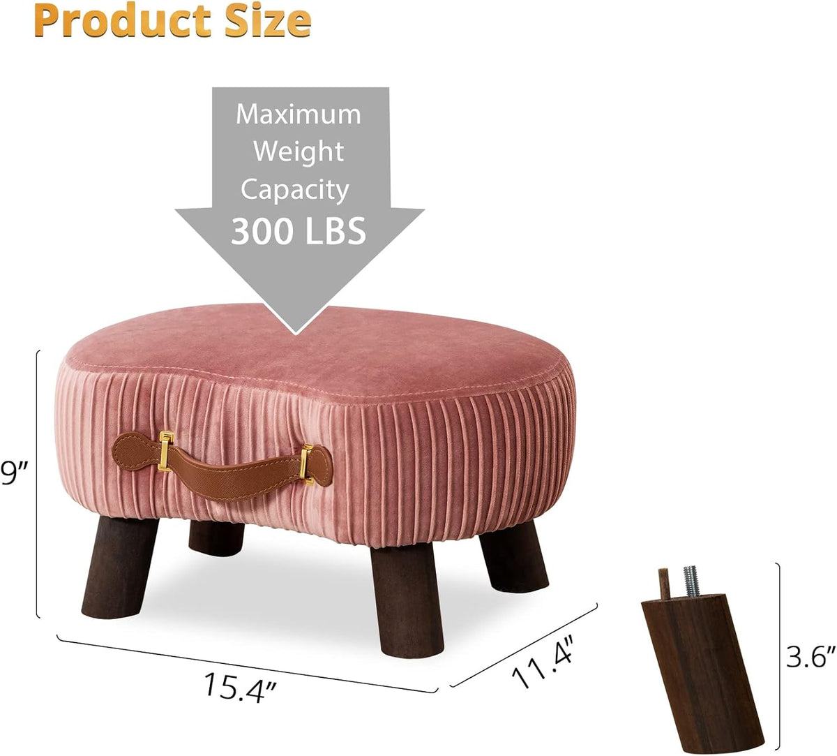 Small Curved Foot Stool with Handle, Pink Velvet Footstool and Ottomans, Modern Foot Rest with Wooden Legs, Step Stool with Padded Seat for Couch, Living Room