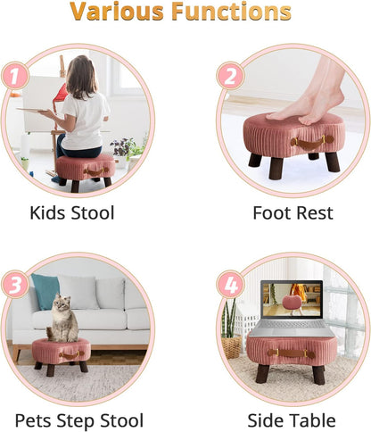 Small Curved Foot Stool with Handle, Pink Velvet Footstool and Ottomans, Modern Foot Rest with Wooden Legs, Step Stool with Padded Seat for Couch, Living Room