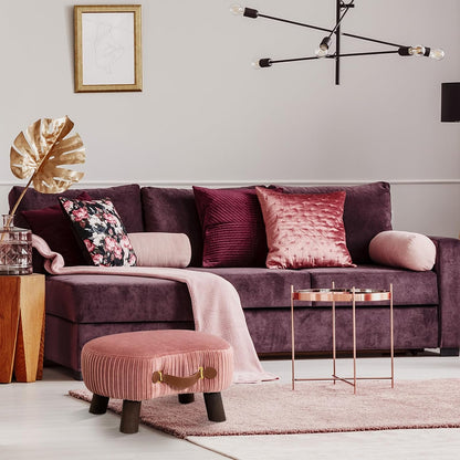 Small Curved Foot Stool with Handle, Pink Velvet Footstool and Ottomans, Modern Foot Rest with Wooden Legs, Step Stool with Padded Seat for Couch, Living Room