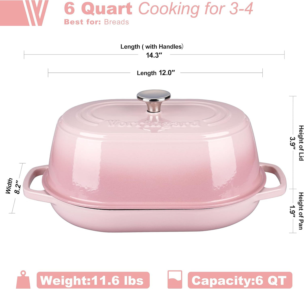 Enameled Cast Iron Dutch Oven Pot with Dome Lid, Oval Bread Oven for Homemade Sourdough Bread Baking, Oven Safe up to 500°F, 6 Quart, Pink
