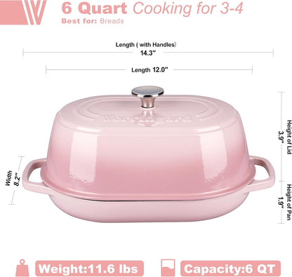 Enameled Cast Iron Dutch Oven Pot with Dome Lid, Oval Bread Oven for Homemade Sourdough Bread Baking, Oven Safe up to 500°F, 6 Quart, Pink