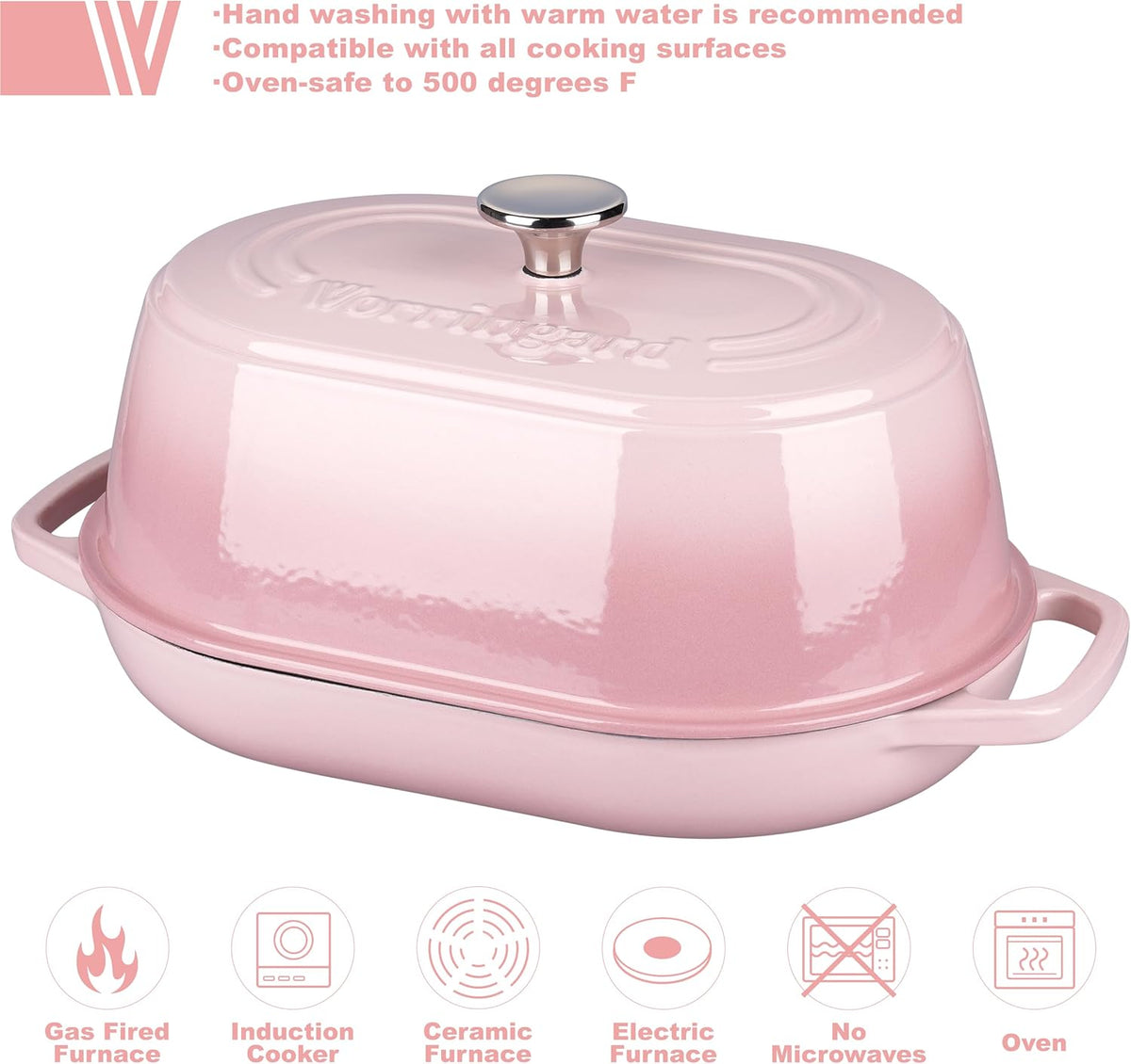 Enameled Cast Iron Dutch Oven Pot with Dome Lid, Oval Bread Oven for Homemade Sourdough Bread Baking, Oven Safe up to 500°F, 6 Quart, Pink