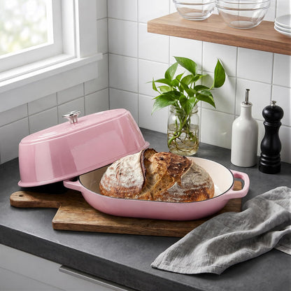 Enameled Cast Iron Dutch Oven Pot with Dome Lid, Oval Bread Oven for Homemade Sourdough Bread Baking, Oven Safe up to 500°F, 6 Quart, Pink