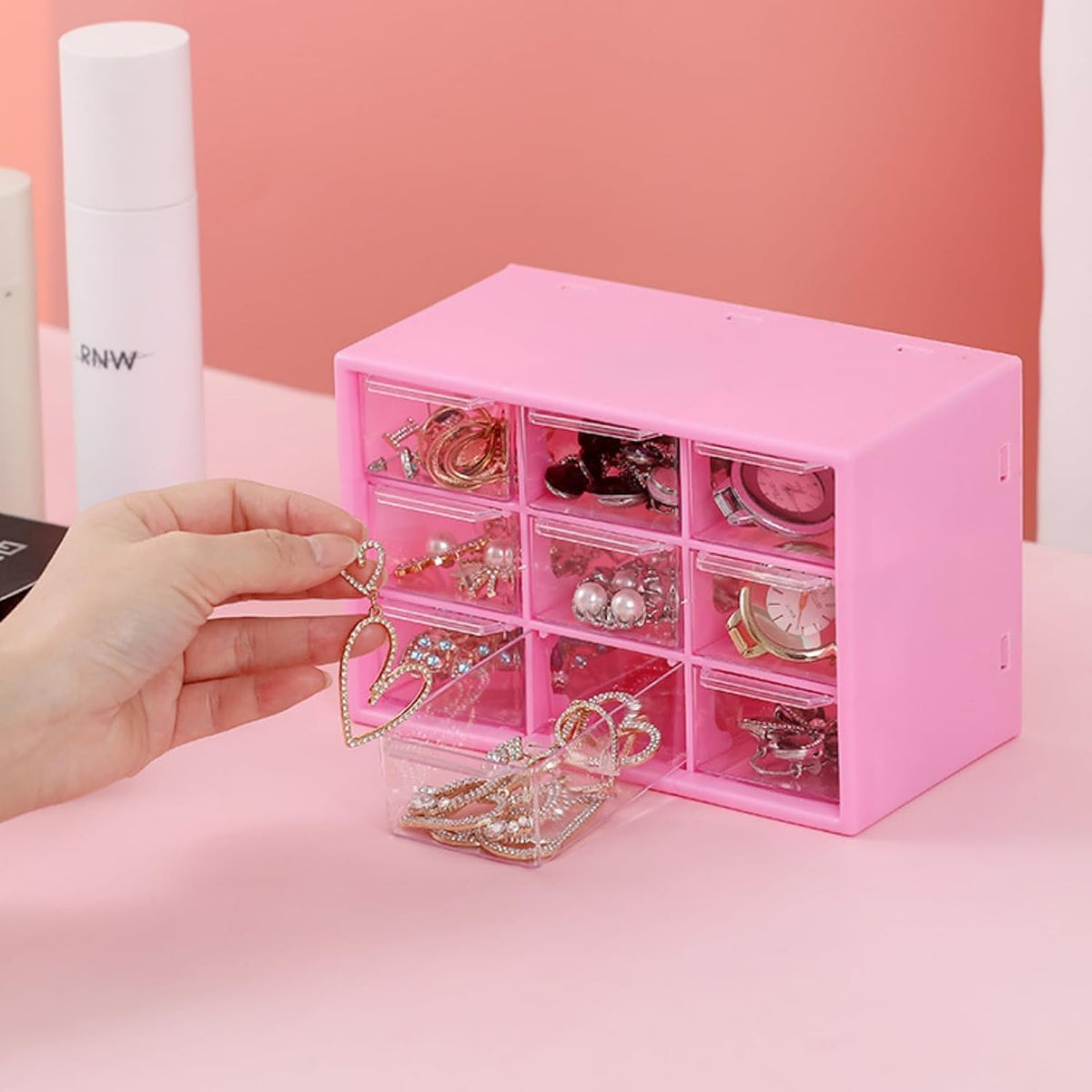 Small Drawer Organizer for Desk, 7.1" x 3. 8" x 4.6" Mini Desktop Drawer Organizer with 9 Clear Drawers, Plastic Desktop Craft Storage Box for Desk Office School Home (Pink)