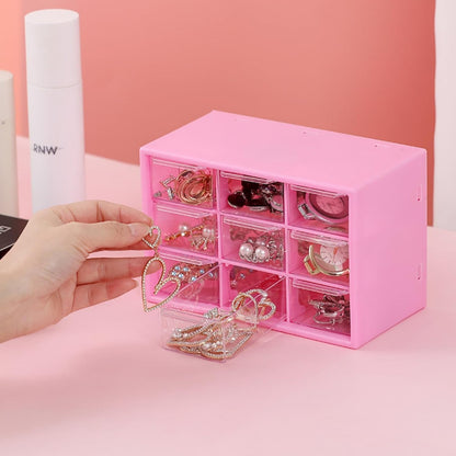 Small Drawer Organizer for Desk, 7.1" x 3. 8" x 4.6" Mini Desktop Drawer Organizer with 9 Clear Drawers, Plastic Desktop Craft Storage Box for Desk Office School Home (Pink)
