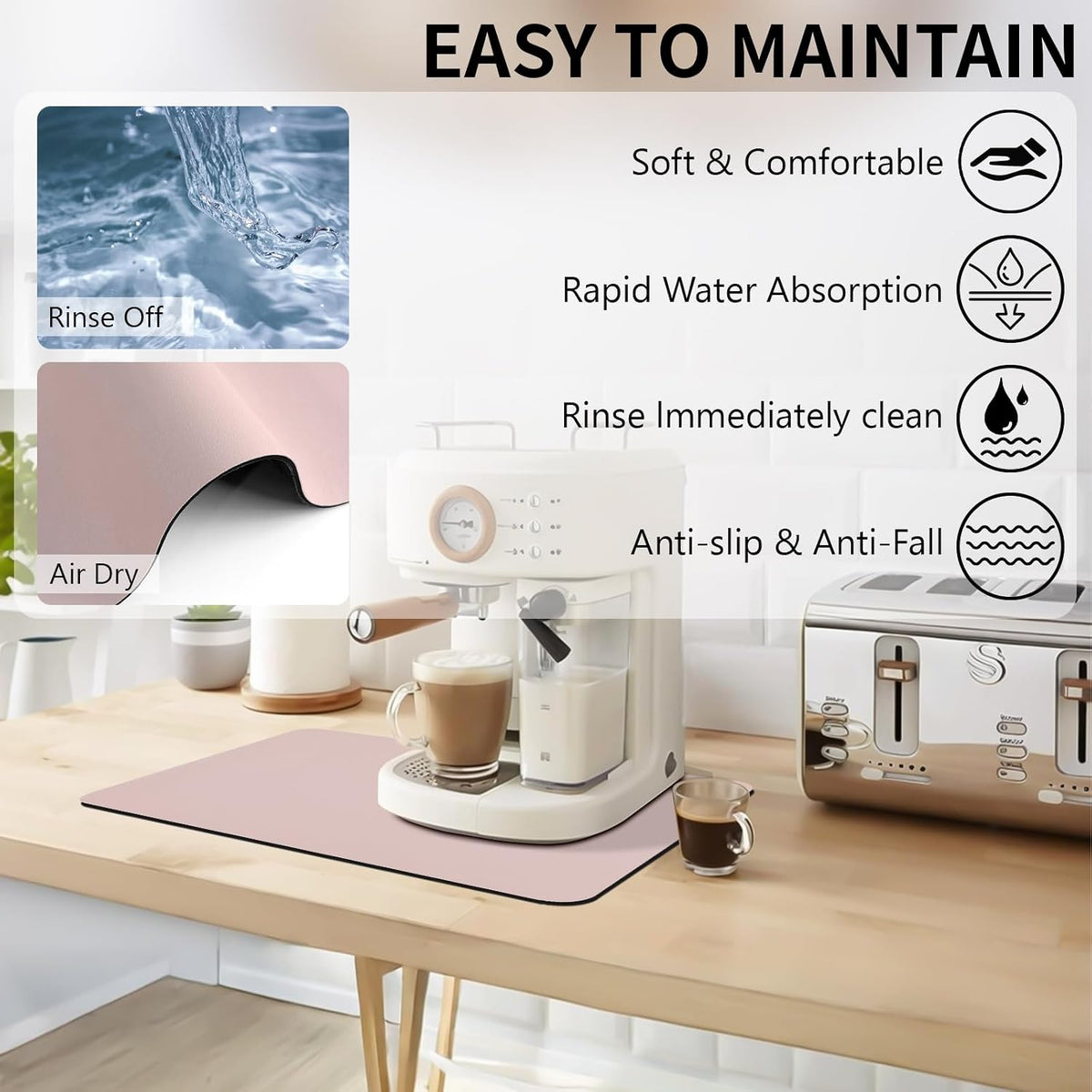Dish Drying Mat for Kitchen Counter,12"x 19" Super Absorbent Kitchen Dish Drying Pad, Heat Resistant Drainer Mats with Non-slip Rubber Backed, Pink Coffee Bar Station Accessories