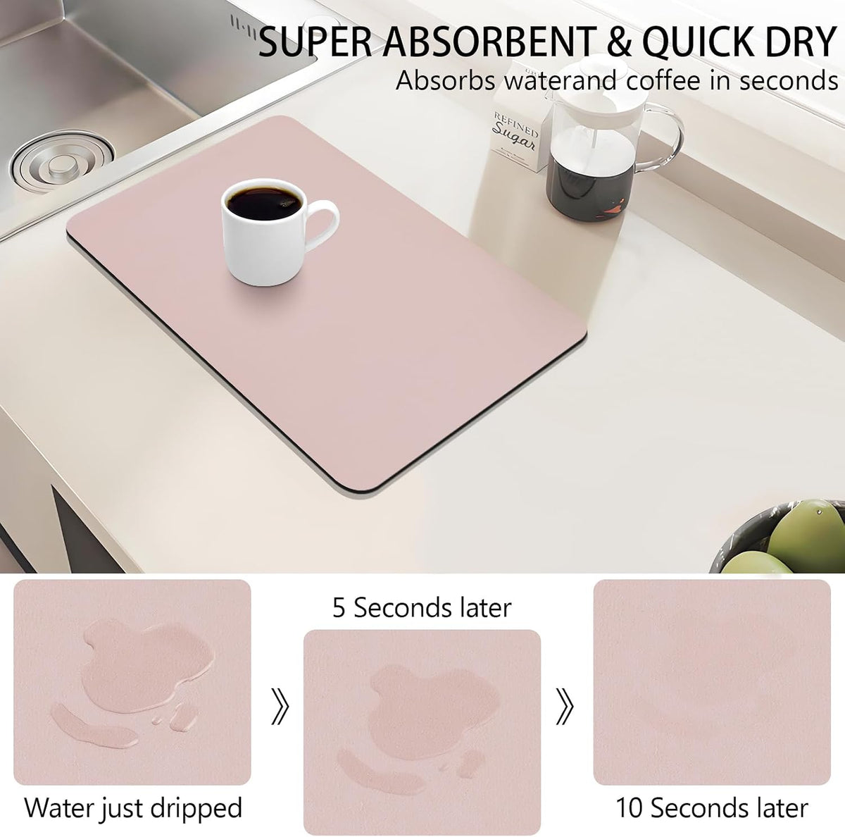 Dish Drying Mat for Kitchen Counter,12"x 19" Super Absorbent Kitchen Dish Drying Pad, Heat Resistant Drainer Mats with Non-slip Rubber Backed, Pink Coffee Bar Station Accessories