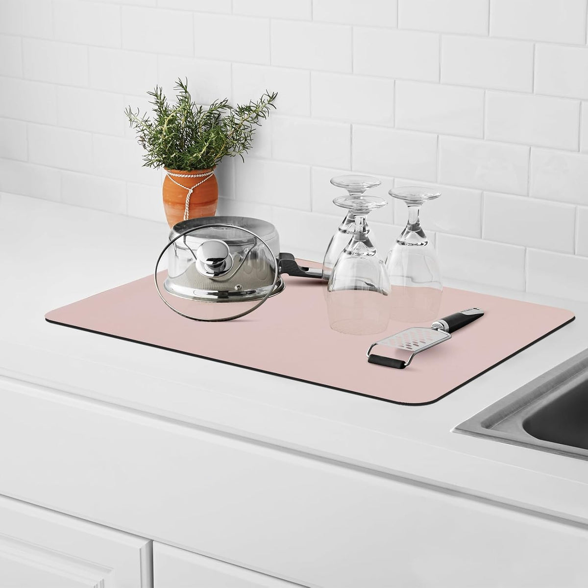 Dish Drying Mat for Kitchen Counter,12"x 19" Super Absorbent Kitchen Dish Drying Pad, Heat Resistant Drainer Mats with Non-slip Rubber Backed, Pink Coffee Bar Station Accessories