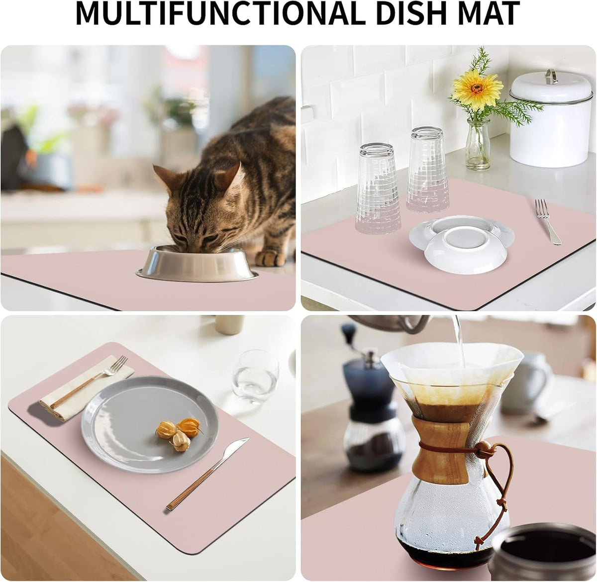 Dish Drying Mat for Kitchen Counter,12"x 19" Super Absorbent Kitchen Dish Drying Pad, Heat Resistant Drainer Mats with Non-slip Rubber Backed, Pink Coffee Bar Station Accessories