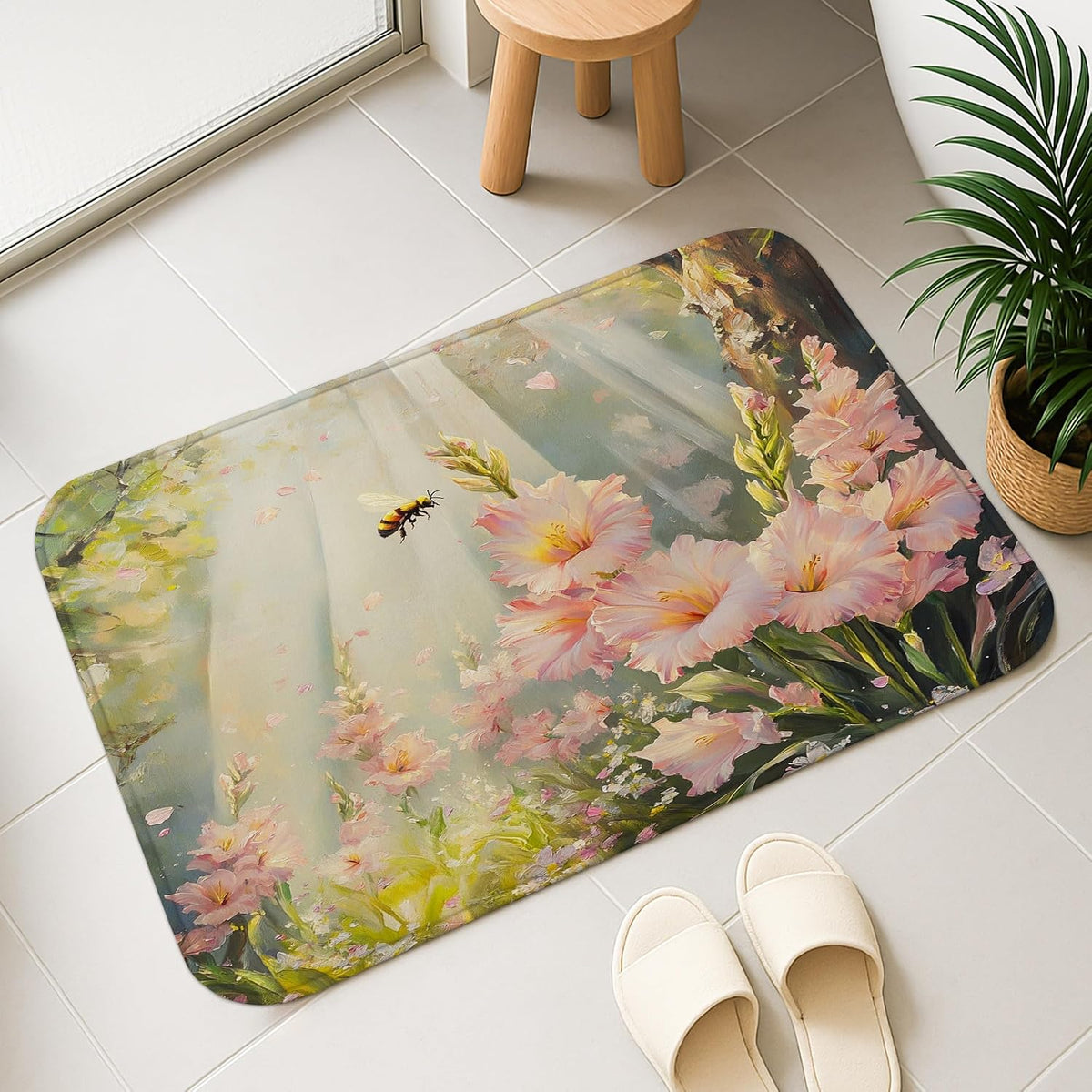 Floral Paradise Quick Dry Bath Mat, Elegant Peach Blossoms Botanical Non Slip Shower Mat, Spring Decorative Washable Bath Rugs for Bathroom Toilet Restroom 20x32 Inch
