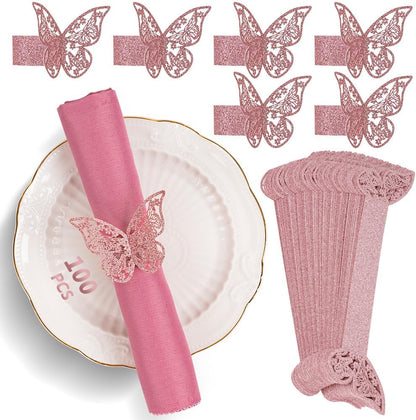 100pcs Napkin Rings 3D Butterfly Shape Frosted Paper Napkin Holder for Birthday Dining Weddings Anniversary Restaurant Party Banquet Table Decor