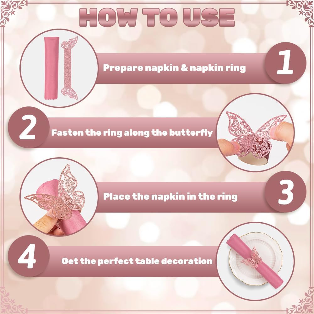 100pcs Napkin Rings 3D Butterfly Shape Frosted Paper Napkin Holder for Birthday Dining Weddings Anniversary Restaurant Party Banquet Table Decor