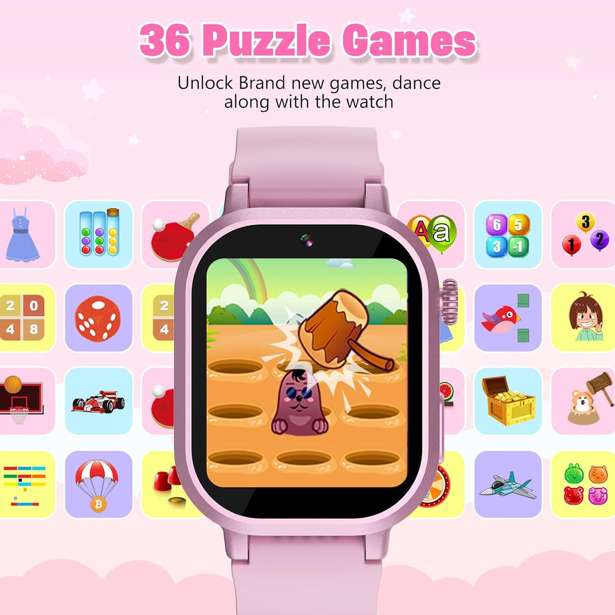 Kids Waterproof Smart Watch Girls Gift Age 3-12 with 39 Game HD Touch Screen Music Player Video Camera Pedometer Alarm Clock Birthday Gift for 6 7 8 9 Year Olds Pink