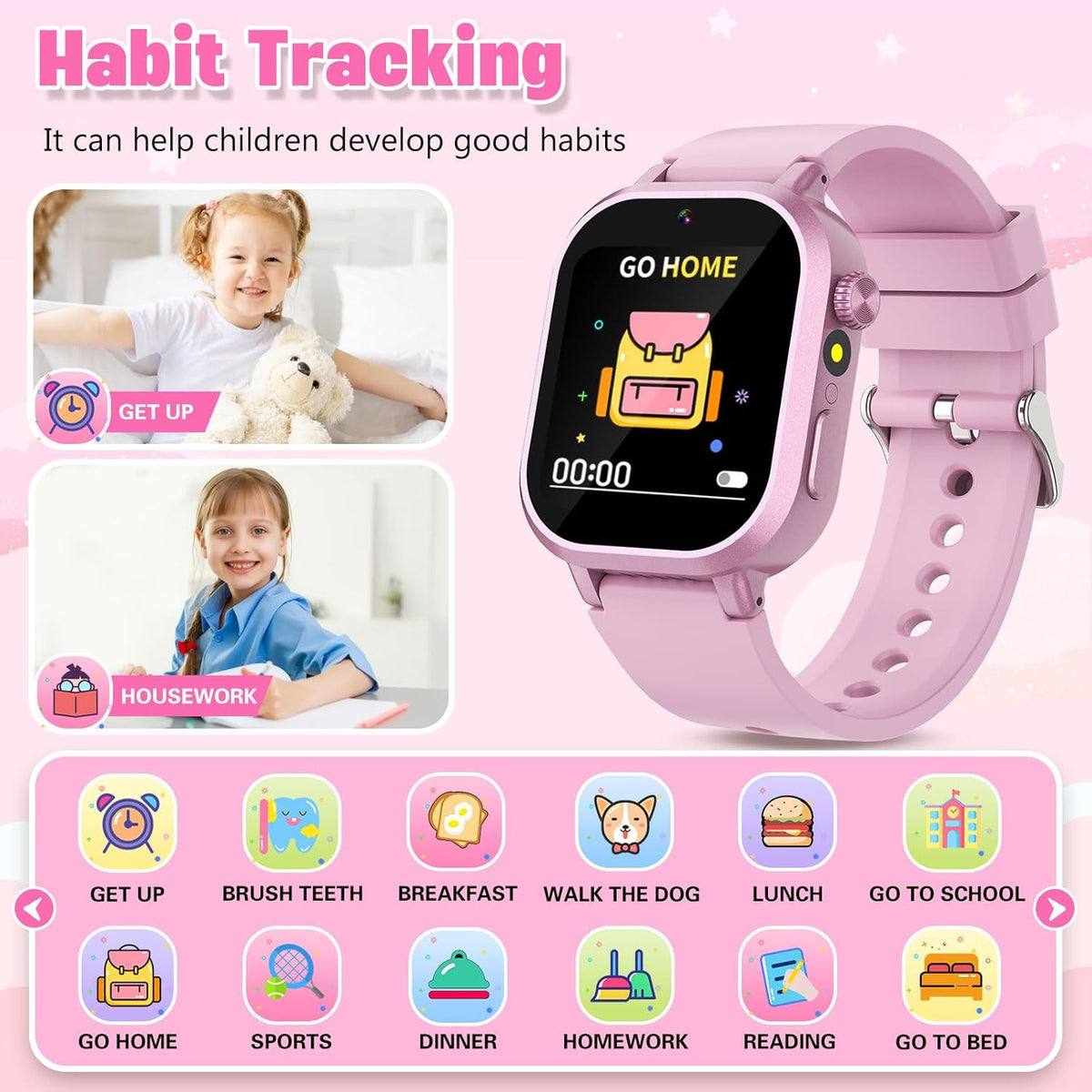 Kids Waterproof Smart Watch Girls Gift Age 3-12 with 39 Game HD Touch Screen Music Player Video Camera Pedometer Alarm Clock Birthday Gift for 6 7 8 9 Year Olds Pink
