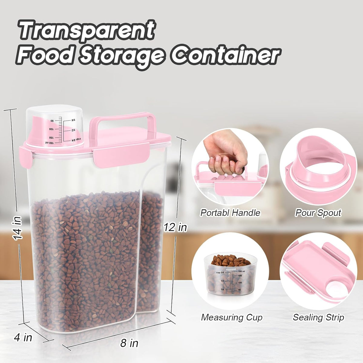 8-12LBS Dog Food Storage Container, Upgraded Large Nozzle BPA-free, Plastic Pet Food Storage Containers With 4 Sealed Clasps, 1 Measuring Cup and Handle, Easy to Clean and Carry