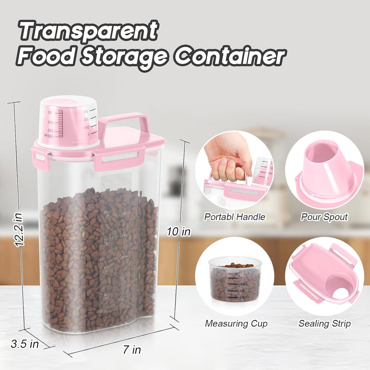 8-12LBS Dog Food Storage Container, Upgraded Large Nozzle BPA-free, Plastic Pet Food Storage Containers With 4 Sealed Clasps, 1 Measuring Cup and Handle, Easy to Clean and Carry