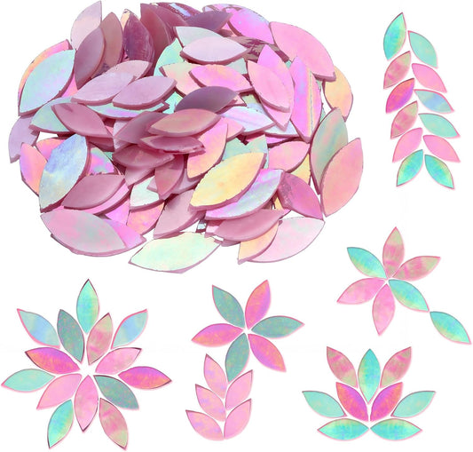 100 Pieces Iridescent Glass Petal Mosaic Tiles, Hand-Cut Pink Stained Glass Flower Leaf Mosaic Tiles for Crafts and Home Decorations (Iridescent Pink)