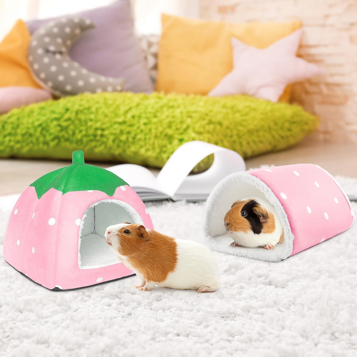 Guinea Pig Hideout with Tunnel, Washable Fleece House Bed