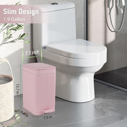 Small Bathroom Trash Can with Lid, 1.9 Gallon Slim Soft Close Step, Pink