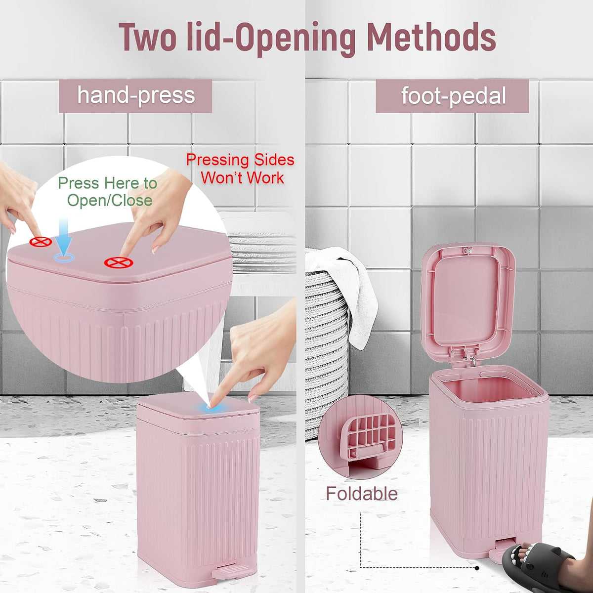 Small Bathroom Trash Can with Lid, 1.9 Gallon Slim Soft Close Step, Pink