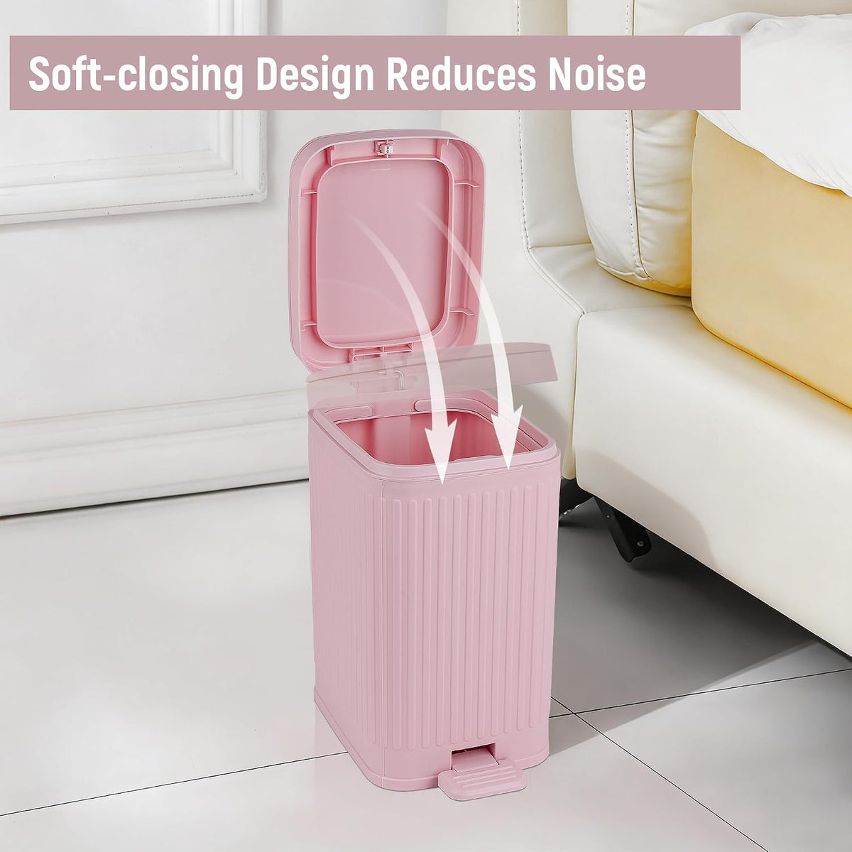 Small Bathroom Trash Can with Lid, 1.9 Gallon Slim Soft Close Step, Pink