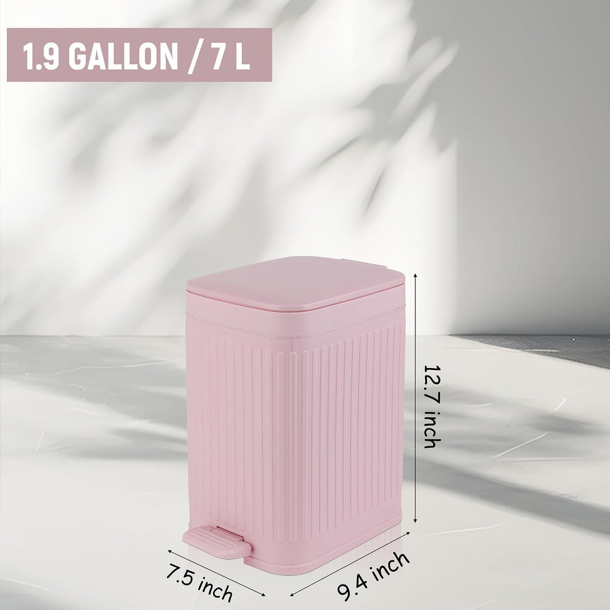 Small Bathroom Trash Can with Lid, 1.9 Gallon Slim Soft Close Step, Pink