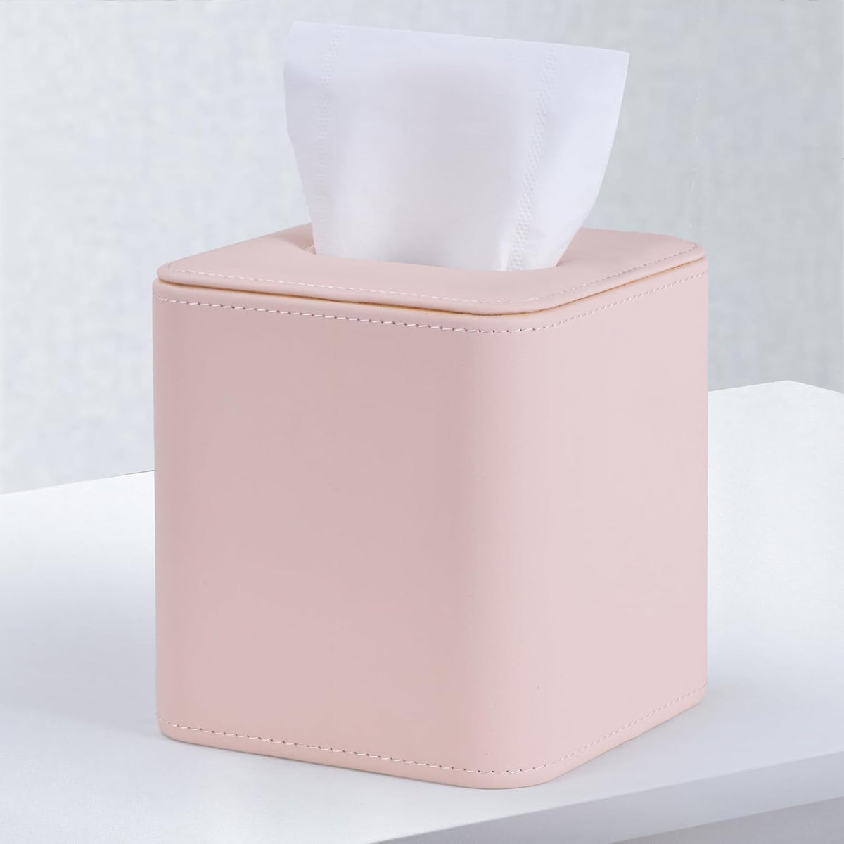 Cute Pink Tissue Box Cover Holder, Square PU Leather Decorative Organizer for Home, Office, Bathroom, Tabletop