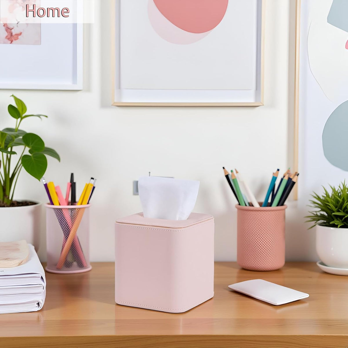 Cute Pink Tissue Box Cover Holder, Square PU Leather Decorative Organizer for Home, Office, Bathroom, Tabletop