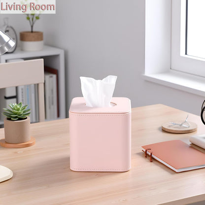 Cute Pink Tissue Box Cover Holder, Square PU Leather Decorative Organizer for Home, Office, Bathroom, Tabletop