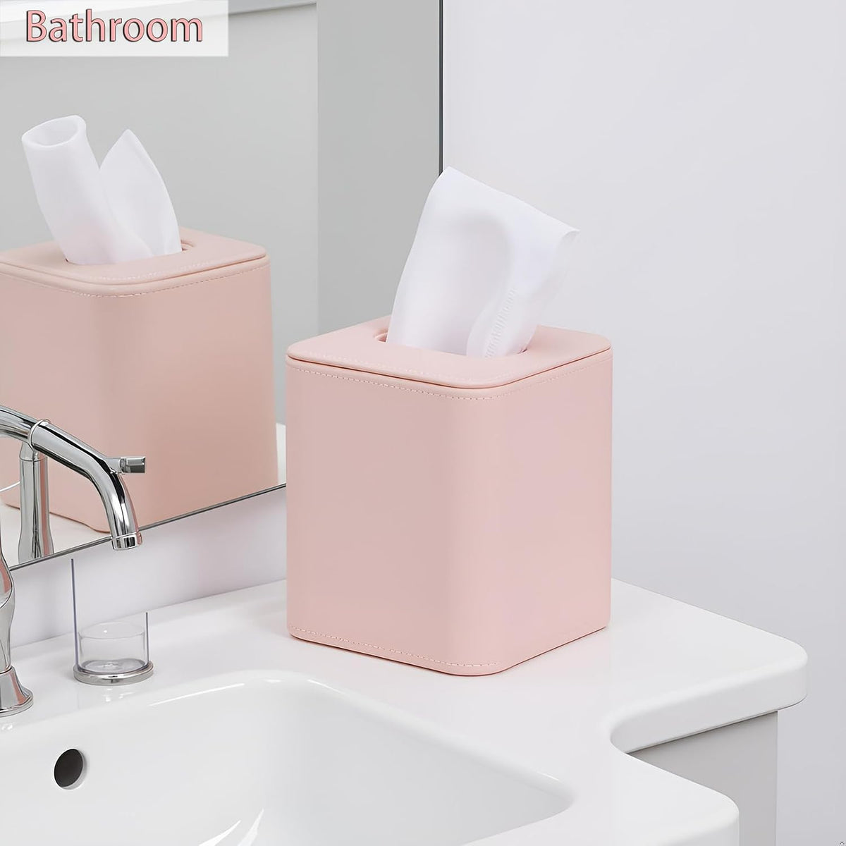Cute Pink Tissue Box Cover Holder, Square PU Leather Decorative Organizer for Home, Office, Bathroom, Tabletop