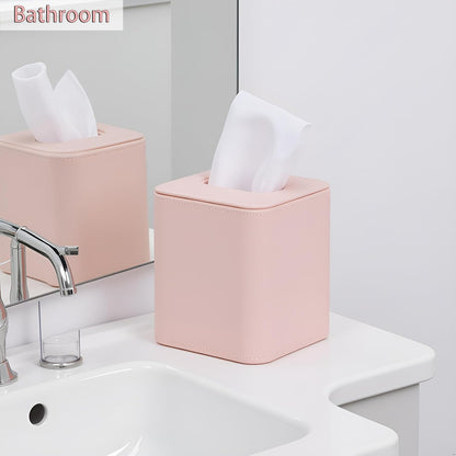 Cute Pink Tissue Box Cover Holder, Square PU Leather Decorative Organizer for Home, Office, Bathroom, Tabletop