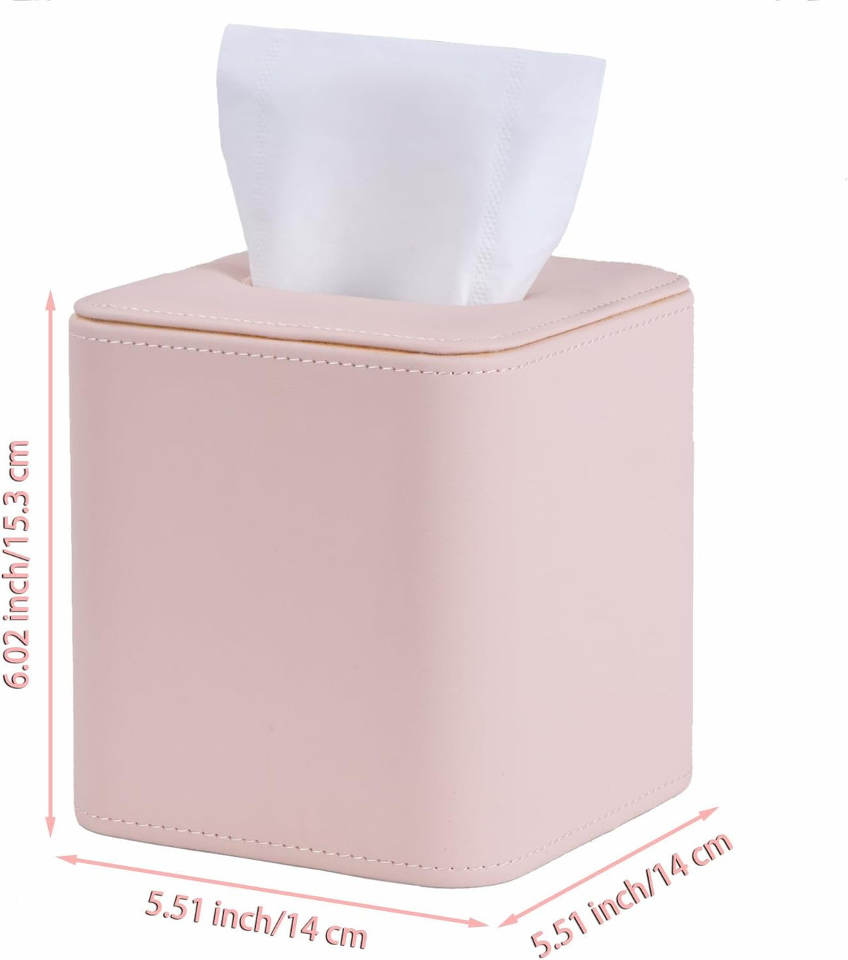Cute Pink Tissue Box Cover Holder, Square PU Leather Decorative Organizer for Home, Office, Bathroom, Tabletop