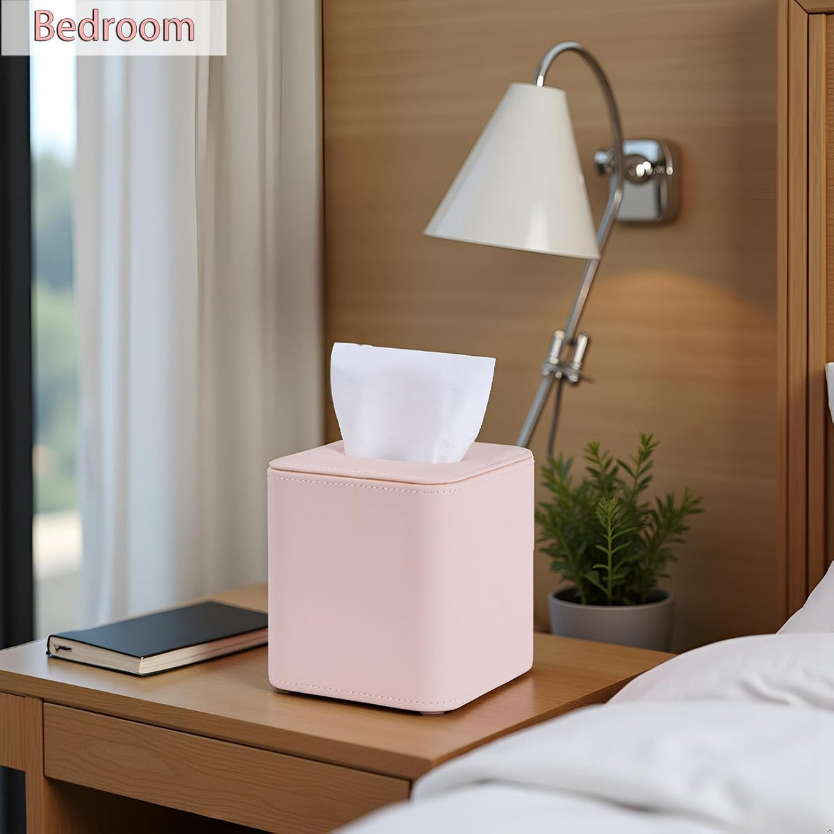 Cute Pink Tissue Box Cover Holder, Square PU Leather Decorative Organizer for Home, Office, Bathroom, Tabletop