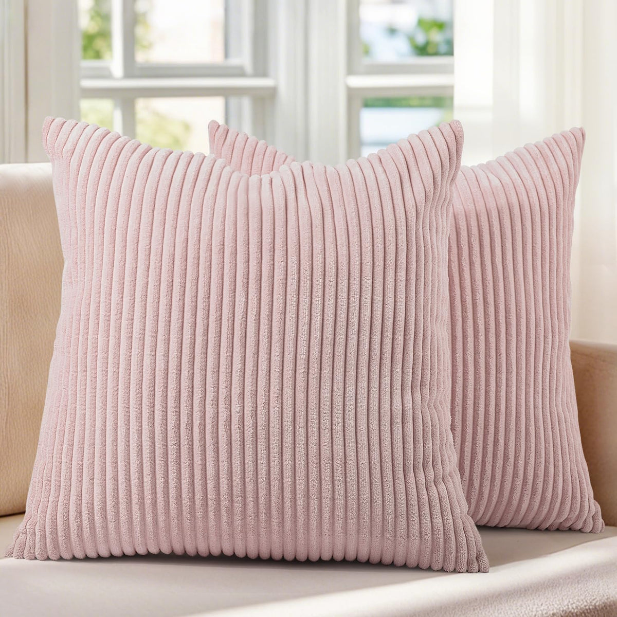 Set of 2 Corduroy Throw Pillow Covers 18x18 Inch Pink Decorative Pillowcase