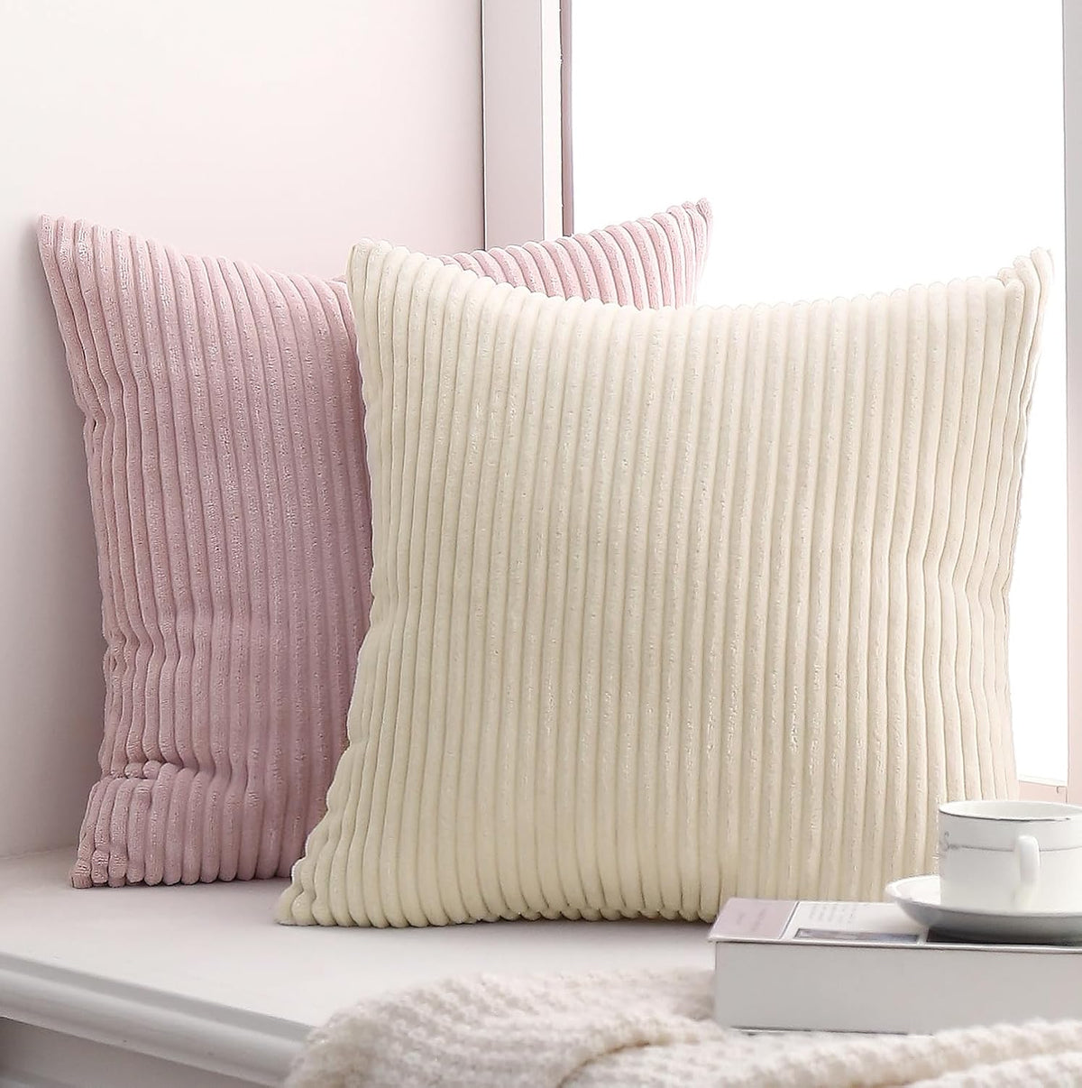 Set of 2 Corduroy Throw Pillow Covers 18x18 Inch Pink Decorative Pillowcase