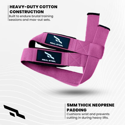 Real Steel Lifting Wrist Straps for Weightlifting, Bodybuilding, Powerlifting, Strength Training, & Deadlifts - Padded Neoprene with 24 inch Cotton
