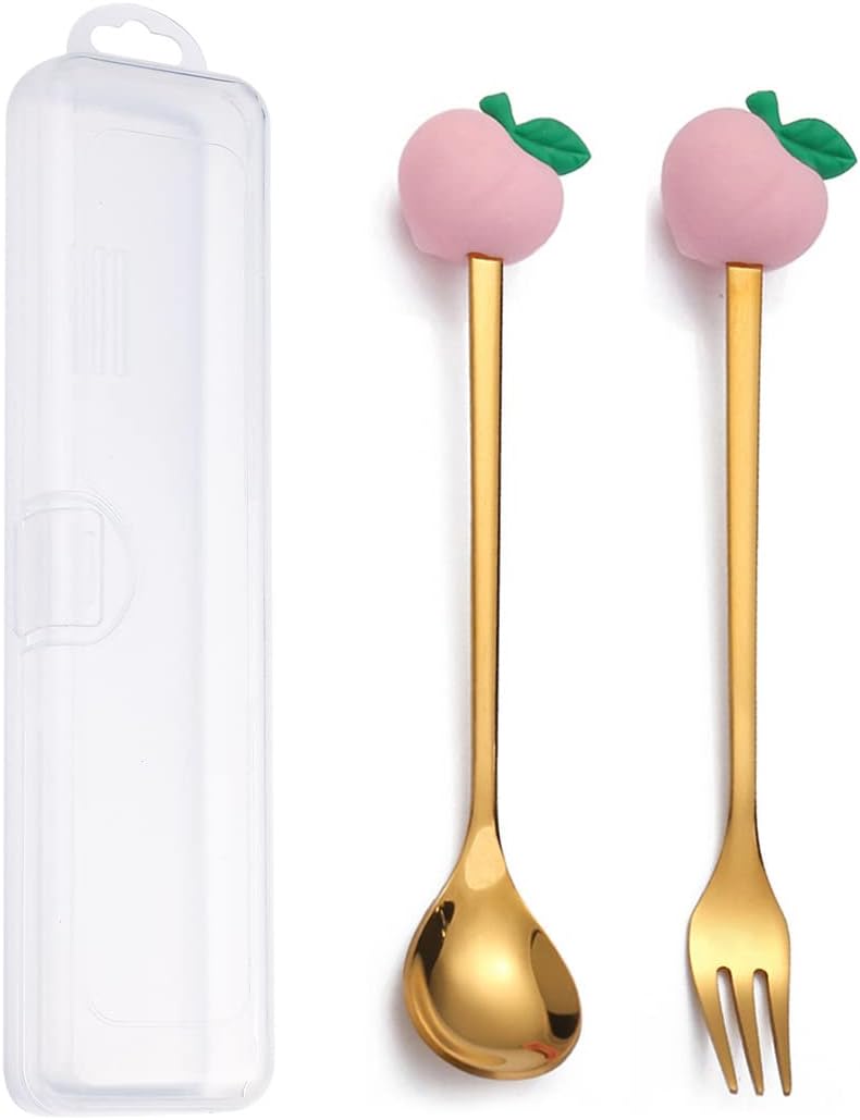 APXXAIBO Christmas Dessert Spoon & Fork Set – Cute Character Spoons, Cartoon Cutlery, Fruit Forks & Portable Coffee Spoons (Peach golden spoon and fork + storage box)