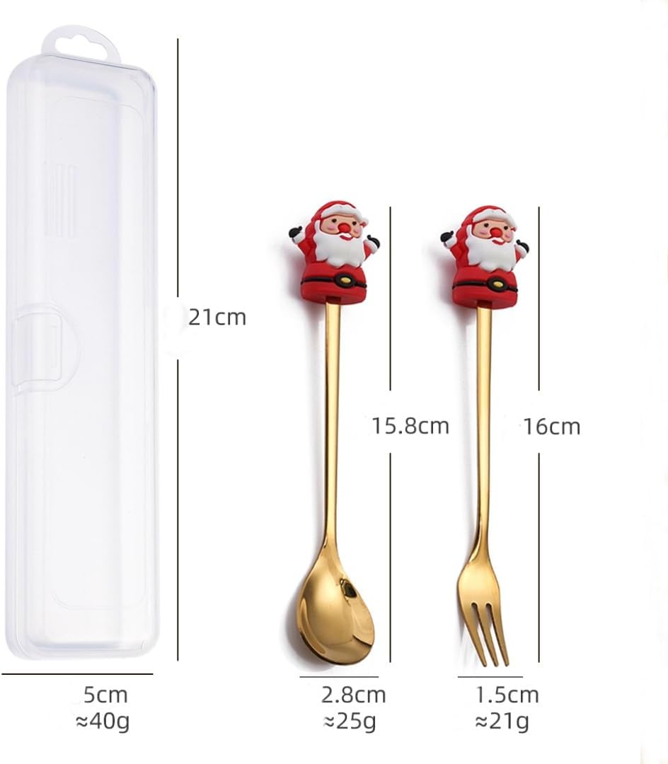 APXXAIBO Christmas Dessert Spoon & Fork Set – Cute Character Spoons, Cartoon Cutlery, Fruit Forks & Portable Coffee Spoons (Peach golden spoon and fork + storage box)