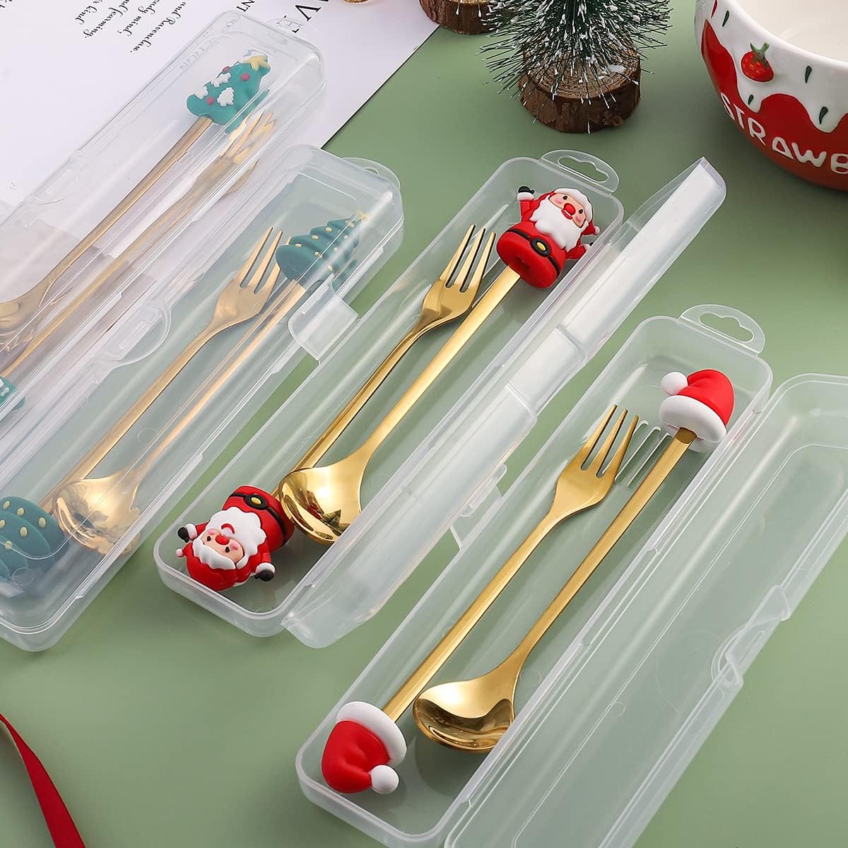 APXXAIBO Christmas Dessert Spoon & Fork Set – Cute Character Spoons, Cartoon Cutlery, Fruit Forks & Portable Coffee Spoons (Peach golden spoon and fork + storage box)