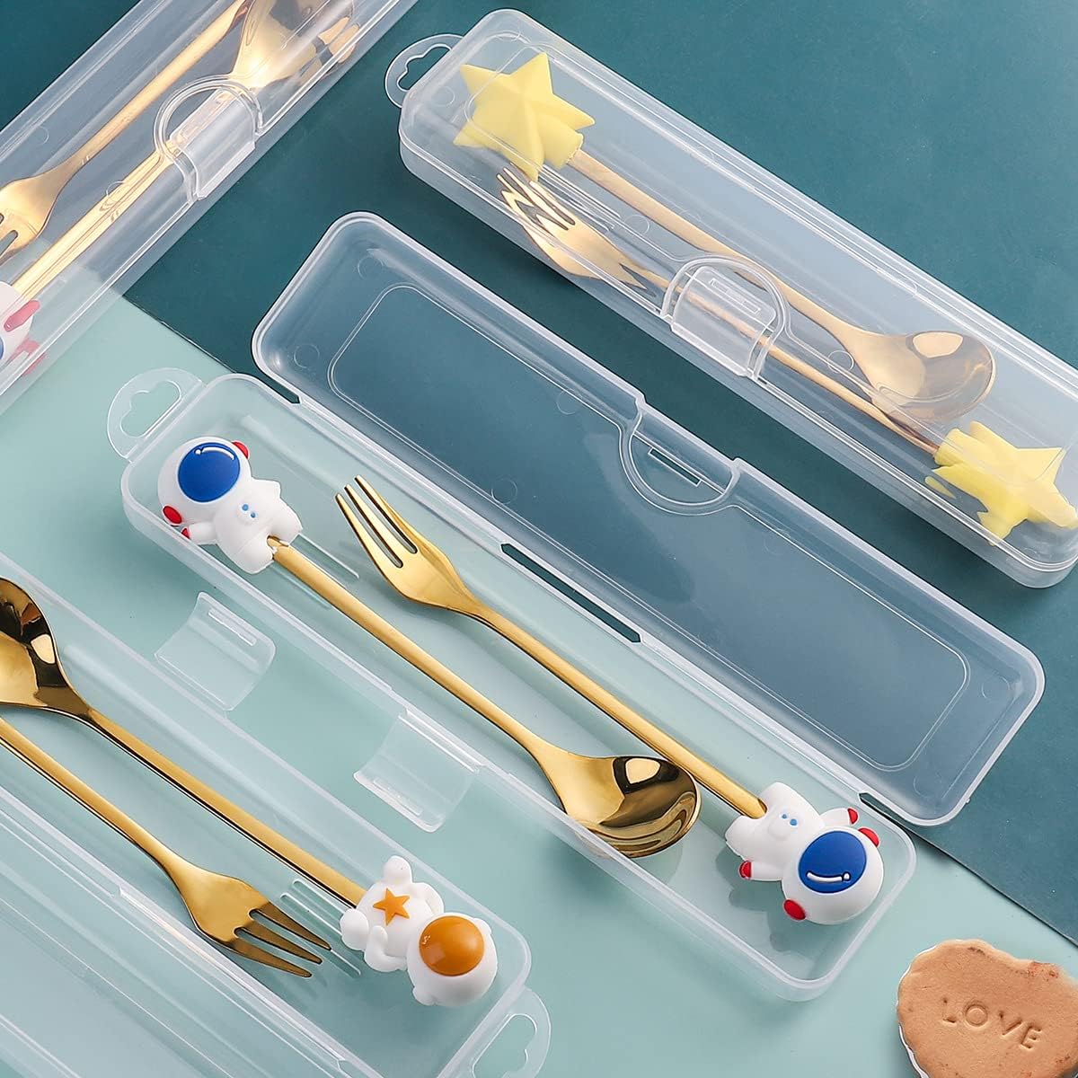 APXXAIBO Christmas Dessert Spoon & Fork Set – Cute Character Spoons, Cartoon Cutlery, Fruit Forks & Portable Coffee Spoons (Peach golden spoon and fork + storage box)