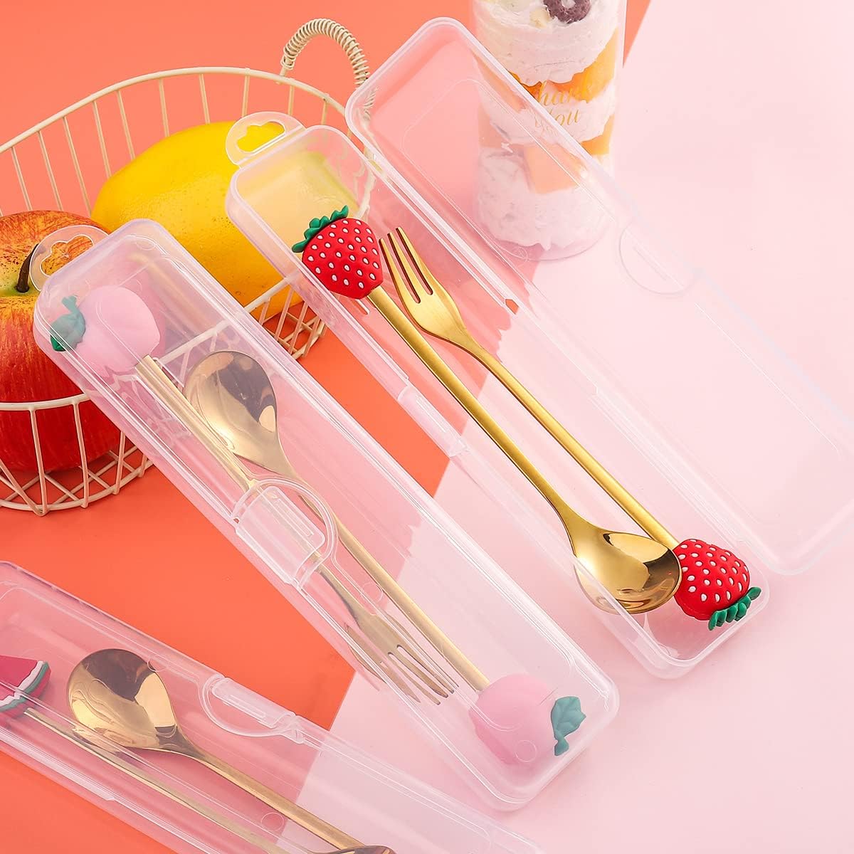 APXXAIBO Christmas Dessert Spoon & Fork Set – Cute Character Spoons, Cartoon Cutlery, Fruit Forks & Portable Coffee Spoons (Peach golden spoon and fork + storage box)