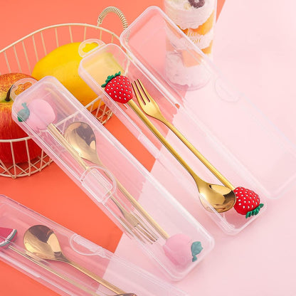 APXXAIBO Christmas Dessert Spoon & Fork Set – Cute Character Spoons, Cartoon Cutlery, Fruit Forks & Portable Coffee Spoons (Peach golden spoon and fork + storage box)