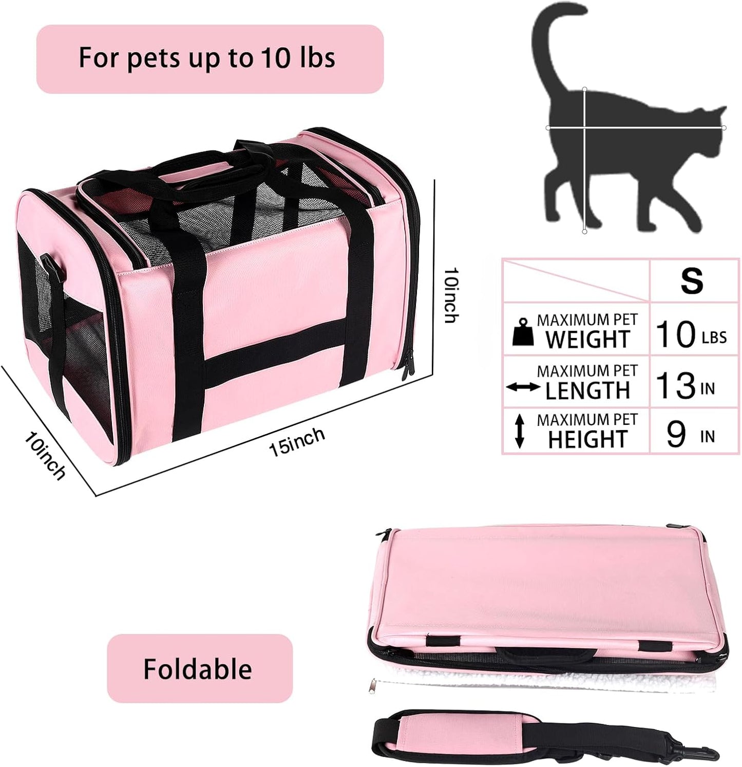 Cat Carrying Case - Pet Carrier Airline Approved, Protable and Breathable Pet Travel Carrier Removable Fleece Pad, Collapsible Cat Carrier Dog Carrier for Medium Cats Small Cats Dogs (Small, Pink)