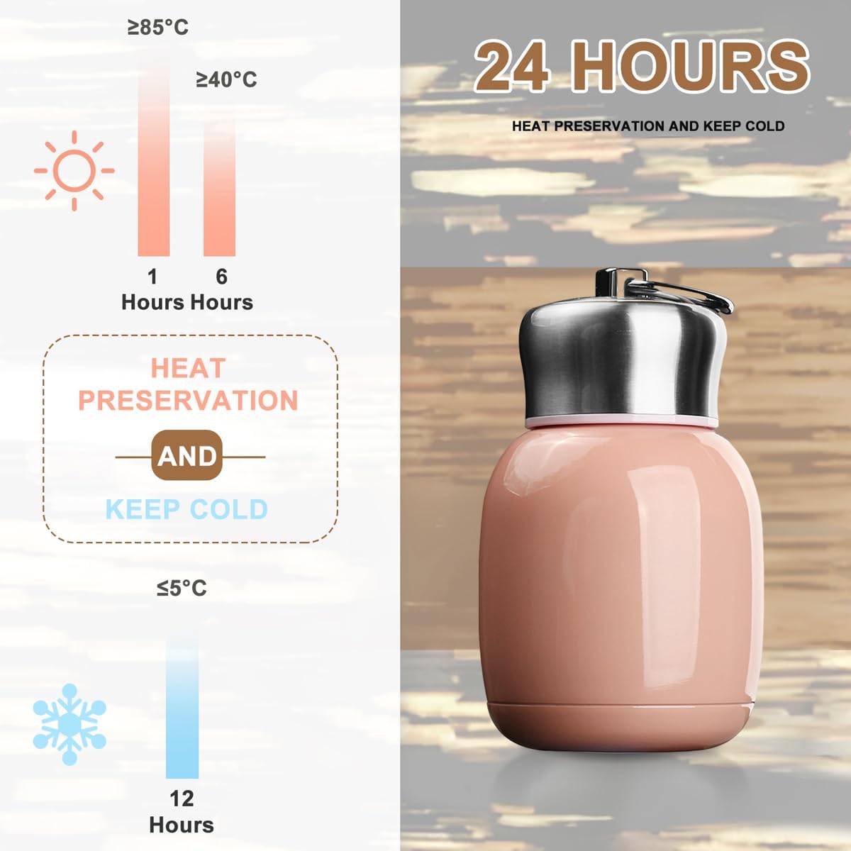 Mini 7 oz Stainless Steel Water Bottle, Small Vacuum Insulated Water Bottle Leak Proof Sport Tumbler Cup Hot and Cold Water Bottle for Women Girls Kids Gift Milk Tea Lunch (Peach pink)