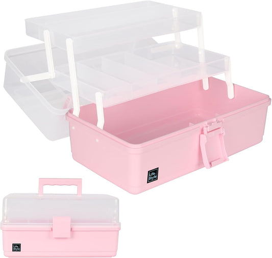 Hair Accessories Organizer 13-Inch Art Supply Bin Sewing Box 3-Layers Craft Storage Organizer with Handle Pink Tool Tackle Box Storage Great Gift for Kids
