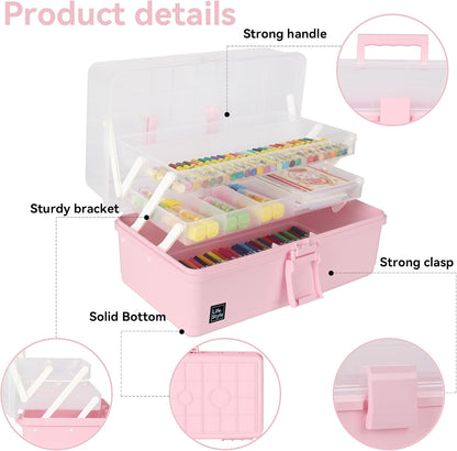 Hair Accessories Organizer 13-Inch Art Supply Bin Sewing Box 3-Layers Craft Storage Organizer with Handle Pink Tool Tackle Box Storage Great Gift for Kids