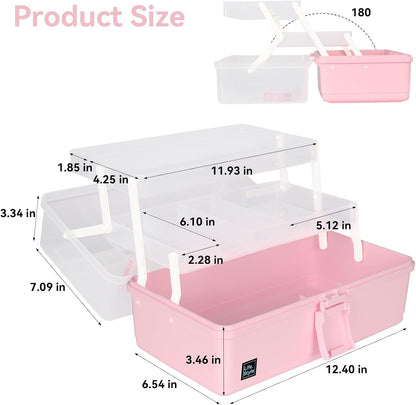 Hair Accessories Organizer 13-Inch Art Supply Bin Sewing Box 3-Layers Craft Storage Organizer with Handle Pink Tool Tackle Box Storage Great Gift for Kids