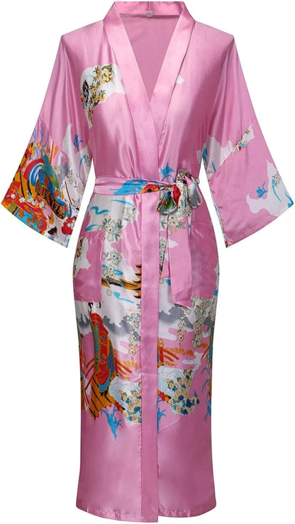 Women's Floral/Patterned Silky Kimono Robes Long Satin Bathrobes Sleepwear Loungewear