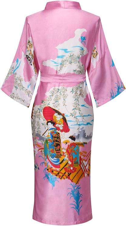 Women's Floral/Patterned Silky Kimono Robes Long Satin Bathrobes Sleepwear Loungewear
