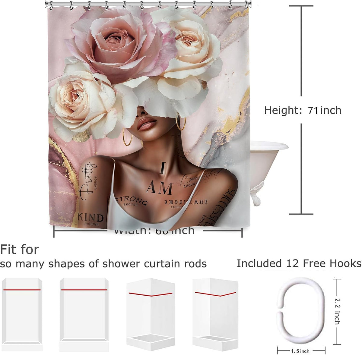 African American Flower Rose Bathroom Shower Curtain 60W by 71H Inch Sexy Pink Black Girl Woman Marble Inspirational Motivational Positive Polyester 12 Plastic Hooks Waterproof Decor